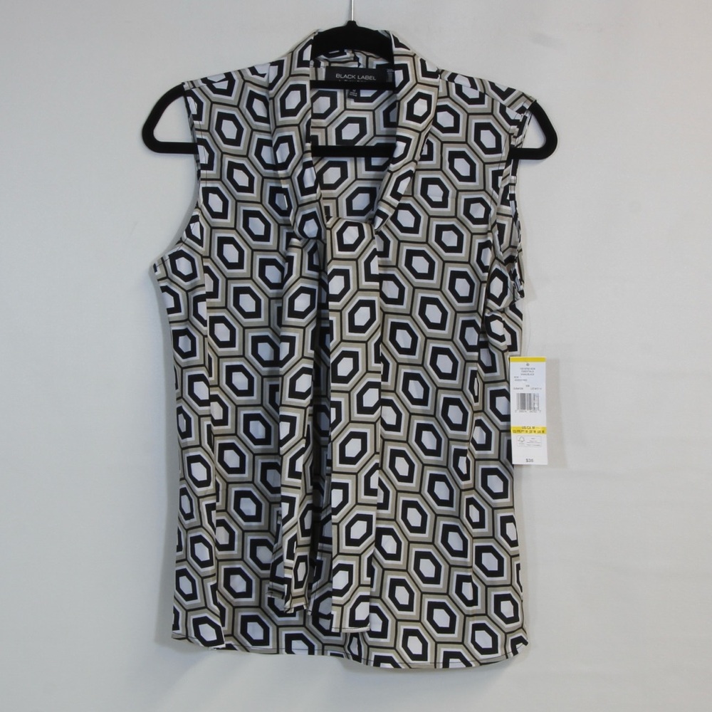 Black Label Black Khaki and White Sleeveless Graphic Blouse